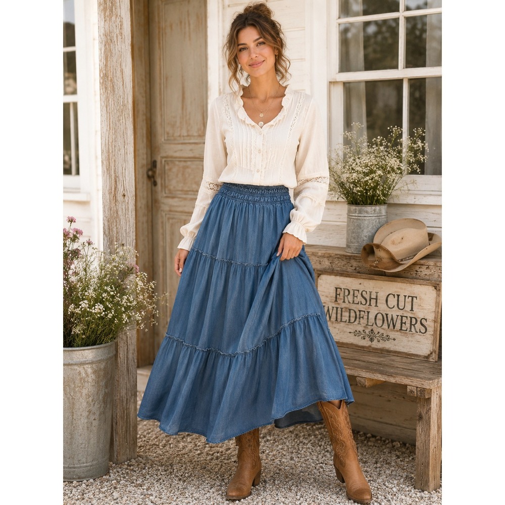 Chambray Tiered Maxi Skirt Boho Prairie Cottagecore Denim 2X NWT Cowgirl Modest